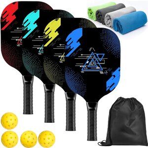 Pickleball Set with 4 Premium Wood Paddles, Cushion Comfort Grip, 4 Cooling Towe